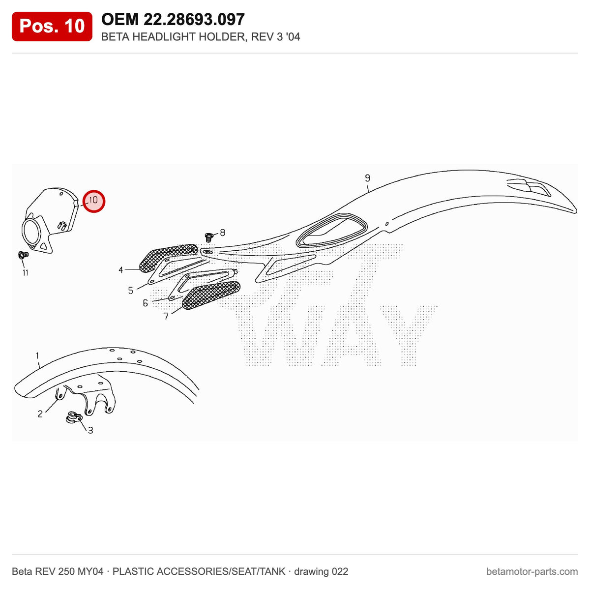 BETA HEADLIGHT HOLDER, REV 3 '04 – OEM 22.28693.097, position 10 on the Beta REV 250 MY04 plastic accessories/seat/tank drawing