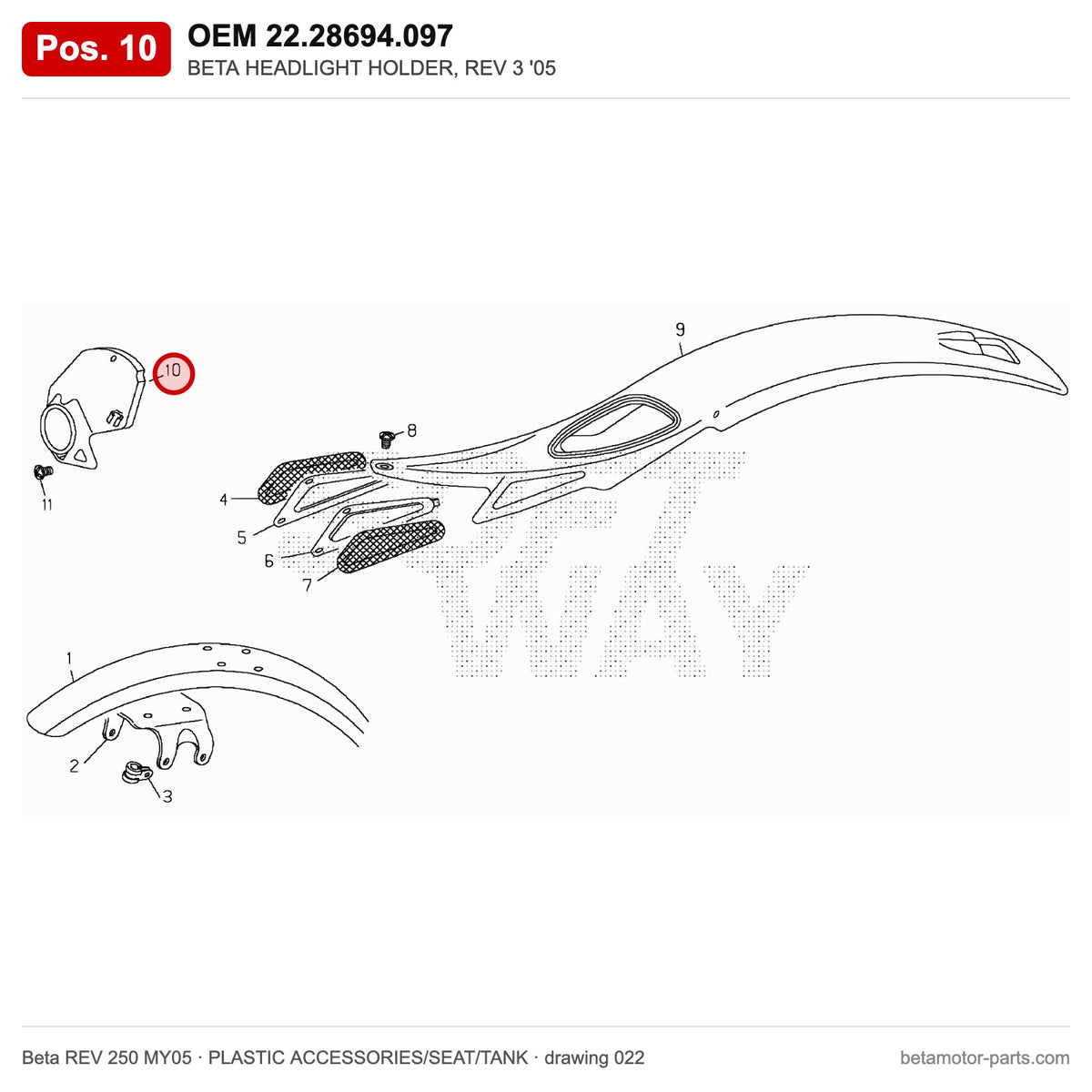 BETA HEADLIGHT HOLDER, REV 3 '05 – OEM 22.28694.097, position 10 on the Beta REV 250 MY05 plastic accessories/seat/tank drawing