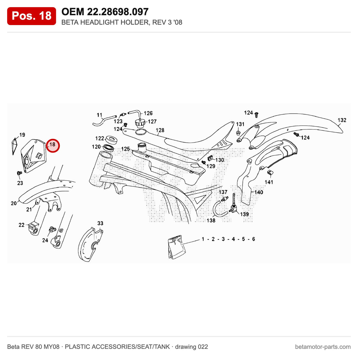 BETA HEADLIGHT HOLDER, REV 3 '08 – OEM 22.28698.097, position 18 on the Beta REV 80 MY08 plastic accessories/seat/tank drawing