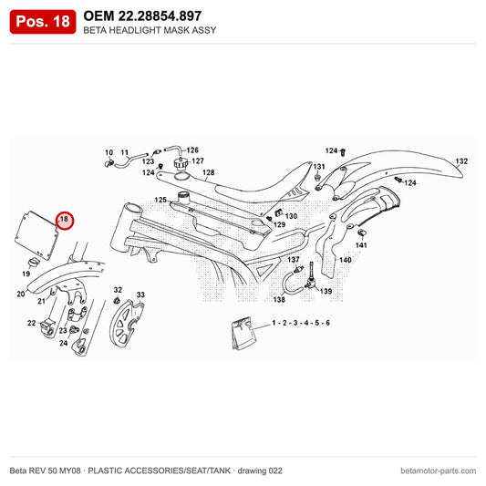 BETA HEADLIGHT MASK ASSY – OEM 22.28854.897, position 18 on the Beta REV 50 MY08 plastic accessories/seat/tank drawing