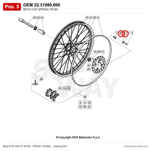 BETA CUP SPRING TR-89 – OEM 22.31980.000, position 5 on the Beta EVO 300 4T MY26 front wheel drawing