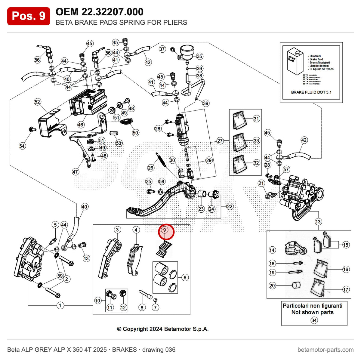BETA BRAKE PADS SPRING FOR PLIERS – OEM 22.32207.000, position 9 on the Beta ALP GREY ALP X 350 4T 2025 brakes drawing