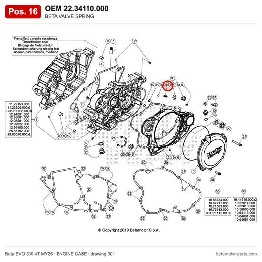 BETA VALVE SPRING – OEM 22.34110.000, position 16 on the Beta EVO 300 4T MY26 engine case drawing