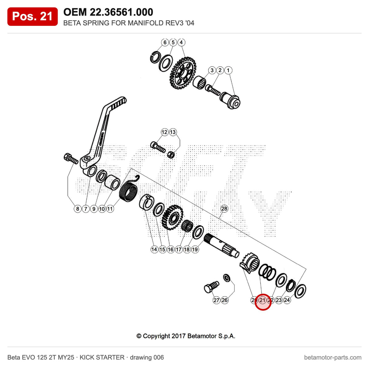 BETA SPRING FOR MANIFOLD REV3 '04 – OEM 22.36561.000, position 21 on the Beta EVO 125 2T MY25 kick starter drawing