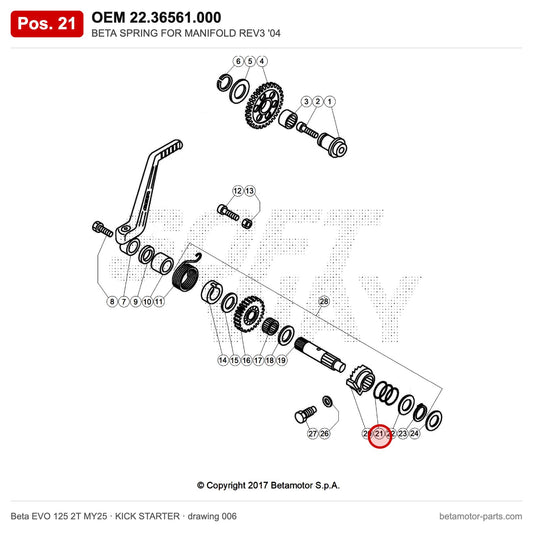BETA SPRING FOR MANIFOLD REV3 '04 – OEM 22.36561.000, position 21 on the Beta EVO 125 2T MY25 kick starter drawing