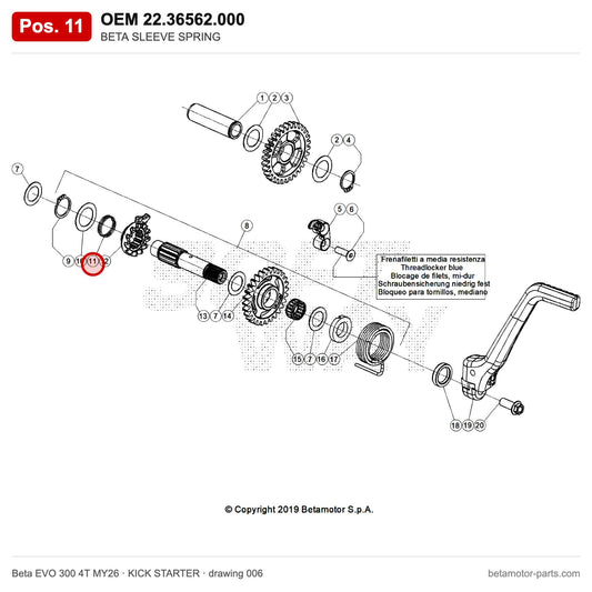 BETA SLEEVE SPRING – OEM 22.36562.000, position 11 on the Beta EVO 300 4T MY26 kick starter drawing