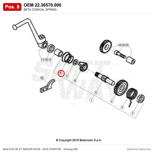 BETA CONICAL SPRING – OEM 22.36570.000, position 8 on the Beta EVO 80 2T SENIOR MY26 kick starter drawing