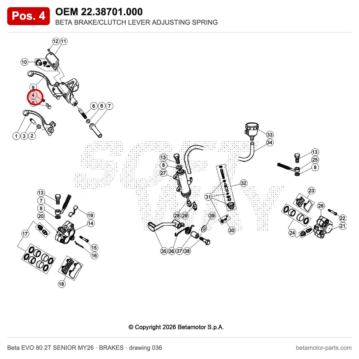 BETA BRAKE/CLUTCH LEVER ADJUSTING SPRING – OEM 22.38701.000, position 4 on the Beta EVO 80 2T SENIOR MY26 brakes drawing