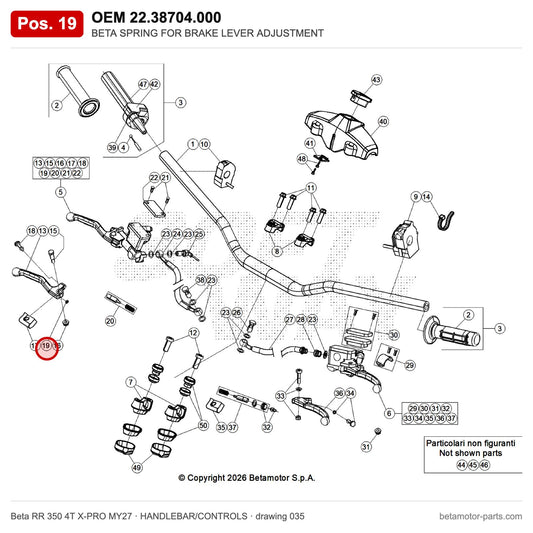 BETA SPRING FOR BRAKE LEVER ADJUSTMENT – OEM 22.38704.000, position 19 on the Beta RR 350 4T X-PRO MY27 handlebar/controls drawing