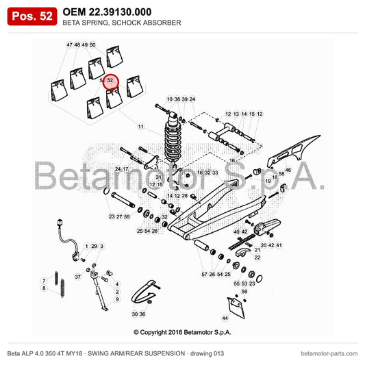 BETA SPRING, SCHOCK ABSORBER – OEM 22.39130.000, position 52 on the Beta ALP 4.0 350 4T MY18 swing arm/rear suspension drawing