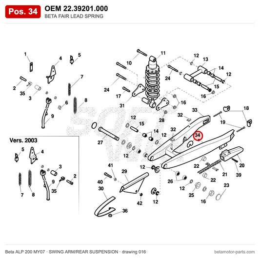 BETA FAIR LEAD SPRING – OEM 22.39201.000, position 34 on the Beta ALP 200 MY07 swing arm/rear suspension drawing