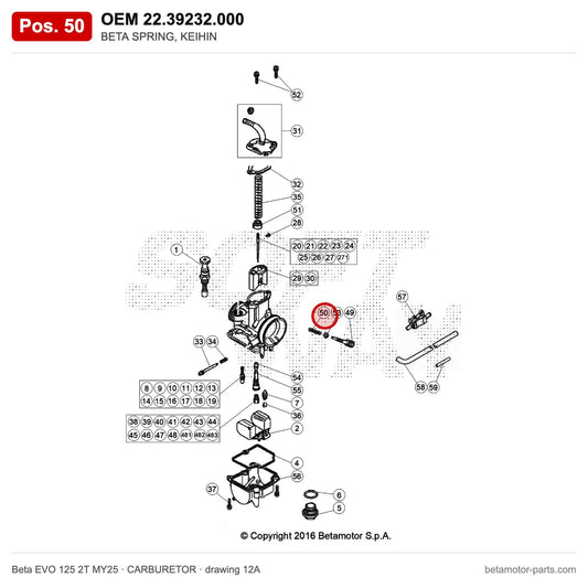 BETA SPRING, KEIHIN – OEM 22.39232.000, position 50 on the Beta EVO 125 2T MY25 carburetor drawing