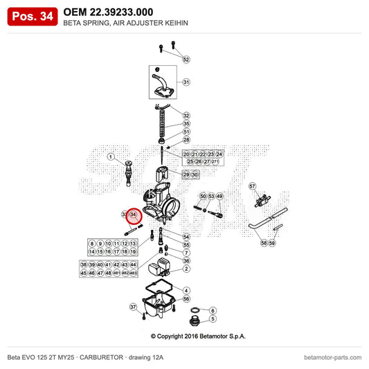 BETA SPRING, AIR ADJUSTER KEIHIN – OEM 22.39233.000, position 34 on the Beta EVO 125 2T MY25 carburetor drawing