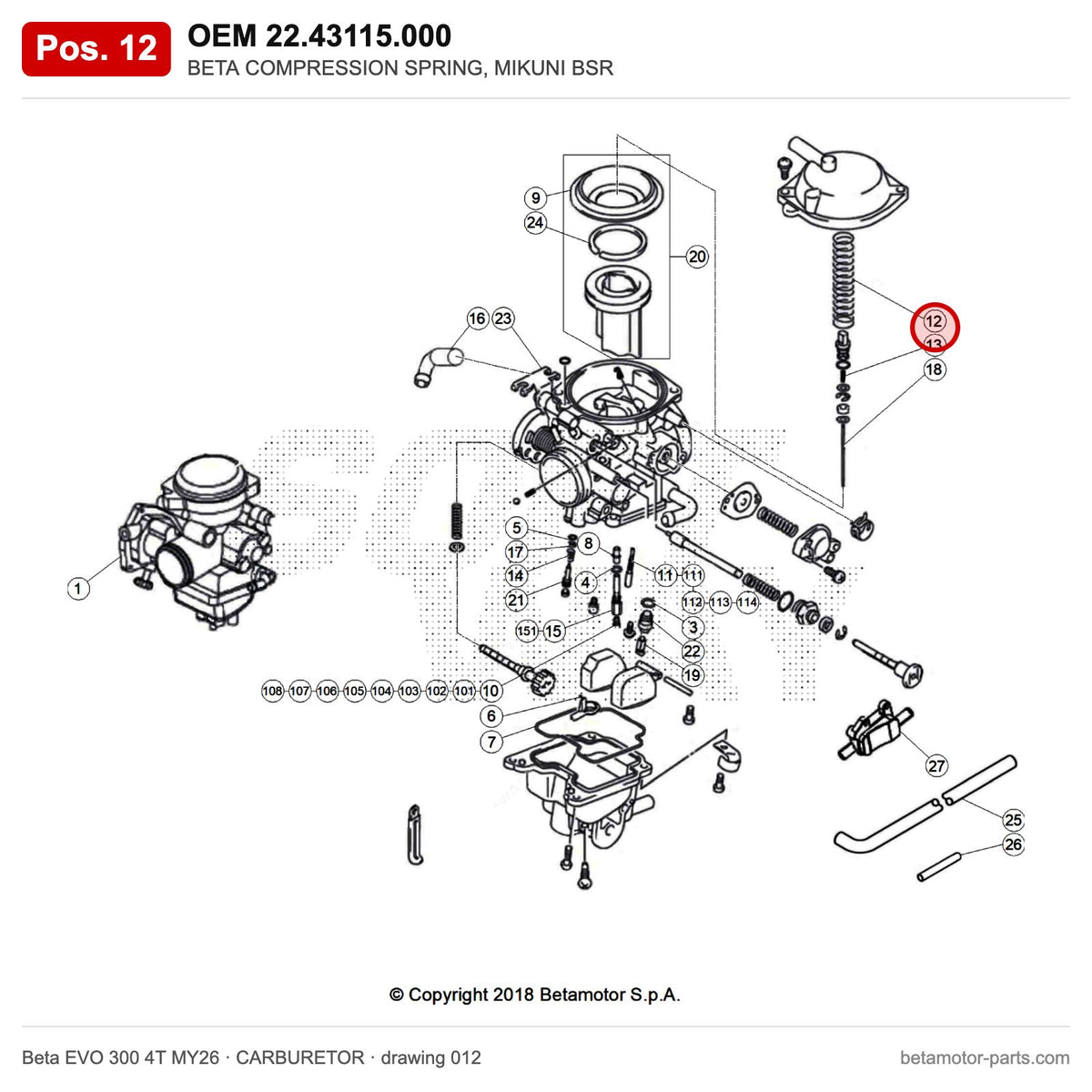 BETA COMPRESSION SPRING, MIKUNI BSR – OEM 22.43115.000, position 12 on the Beta EVO 300 4T MY26 carburetor drawing