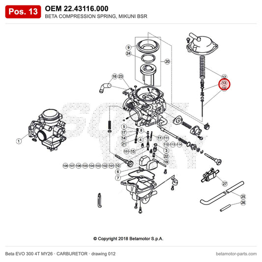 BETA COMPRESSION SPRING, MIKUNI BSR – OEM 22.43116.000, position 13 on the Beta EVO 300 4T MY26 carburetor drawing