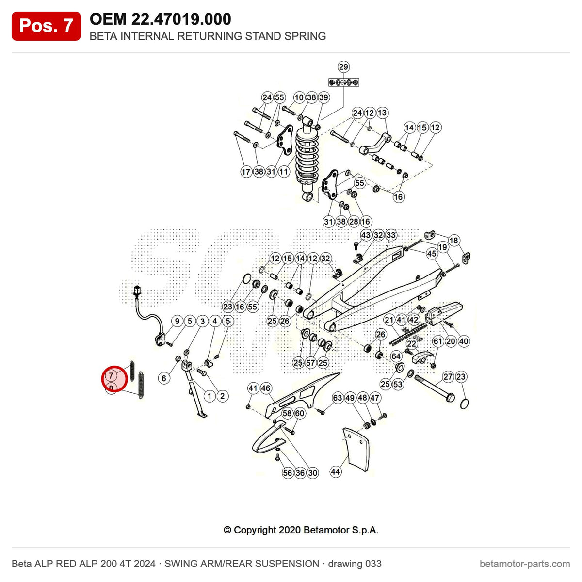 BETA INTERNAL RETURNING STAND SPRING – OEM 22.47019.000, position 7 on the Beta ALP RED ALP 200 4T 2024 swing arm/rear suspension drawing