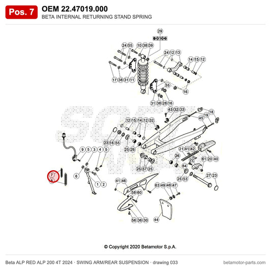BETA INTERNAL RETURNING STAND SPRING – OEM 22.47019.000, position 7 on the Beta ALP RED ALP 200 4T 2024 swing arm/rear suspension drawing