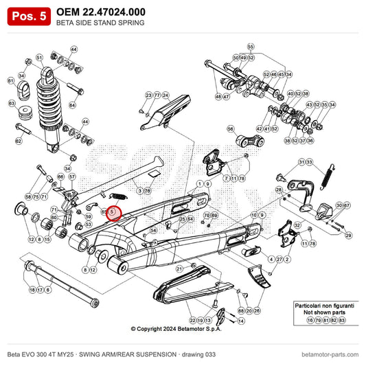 BETA SIDE STAND SPRING – OEM 22.47024.000, position 5 on the Beta EVO 300 4T MY25 swing arm/rear suspension drawing