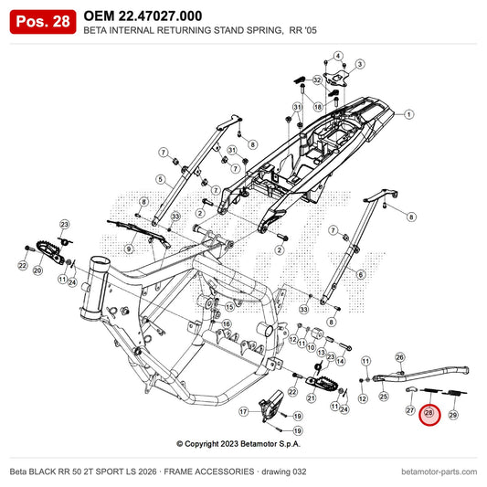 BETA INTERNAL RETURNING STAND SPRING, RR '05 – OEM 22.47027.000, position 28 on the Beta BLACK RR 50 2T SPORT LS 2026 frame accessories drawing