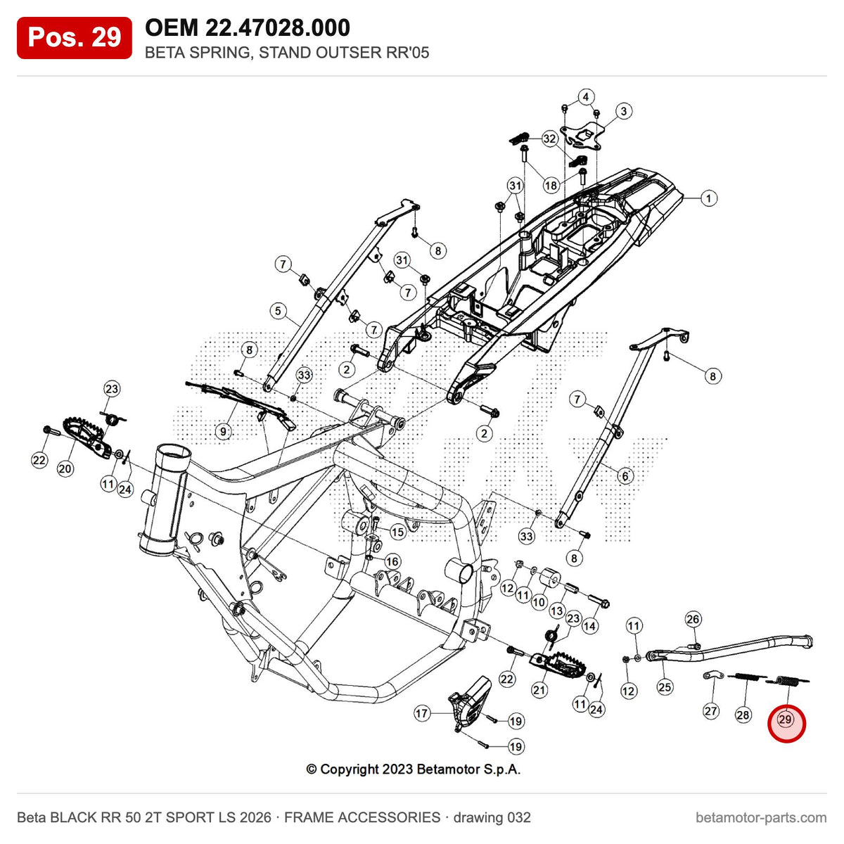 BETA SPRING, STAND OUTSER RR'05 – OEM 22.47028.000, position 29 on the Beta BLACK RR 50 2T SPORT LS 2026 frame accessories drawing