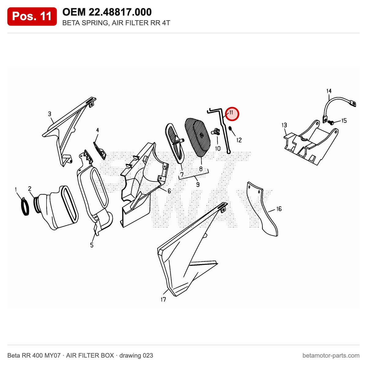 BETA SPRING, AIR FILTER RR 4T – OEM 22.48817.000, position 11 on the Beta RR 400 MY07 air filter box drawing