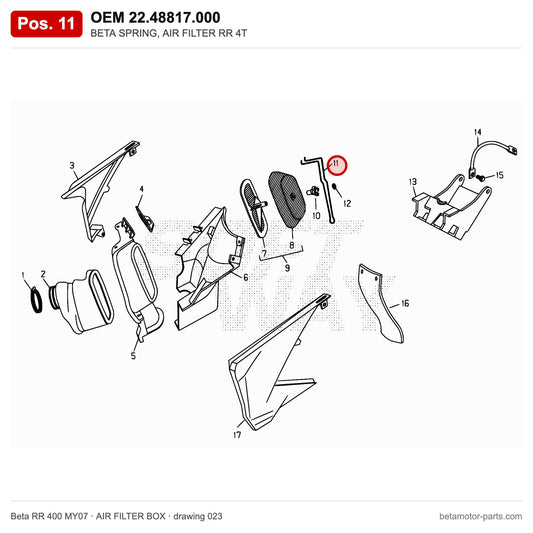 BETA SPRING, AIR FILTER RR 4T – OEM 22.48817.000, position 11 on the Beta RR 400 MY07 air filter box drawing