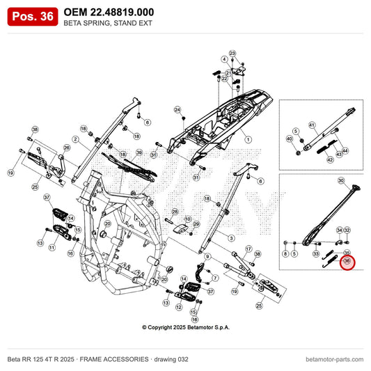 BETA SPRING, STAND EXT – OEM 22.48819.000, position 36 on the Beta RR 125 4T R 2025 frame accessories drawing