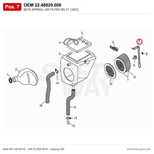 BETA SPRING, AIR FILTER RR 4T 125CC – OEM 22.48820.000, position 7 on the Beta RR 125 MY10 air filter box drawing