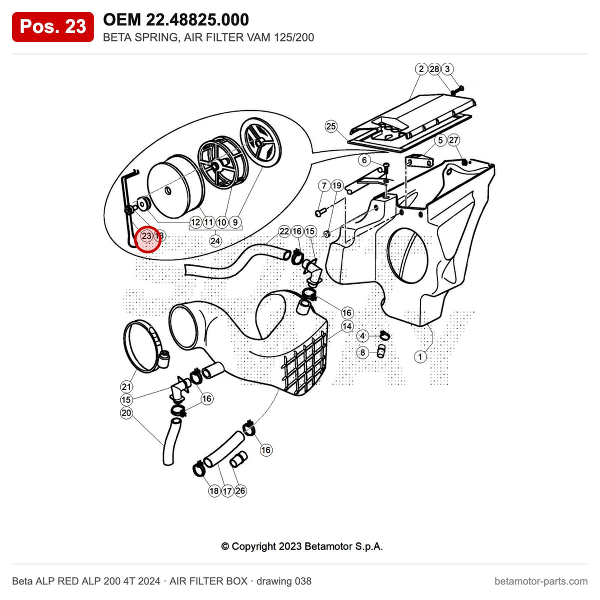 BETA SPRING, AIR FILTER VAM 125/200 – OEM 22.48825.000, position 23 on the Beta ALP RED ALP 200 4T 2024 air filter box drawing