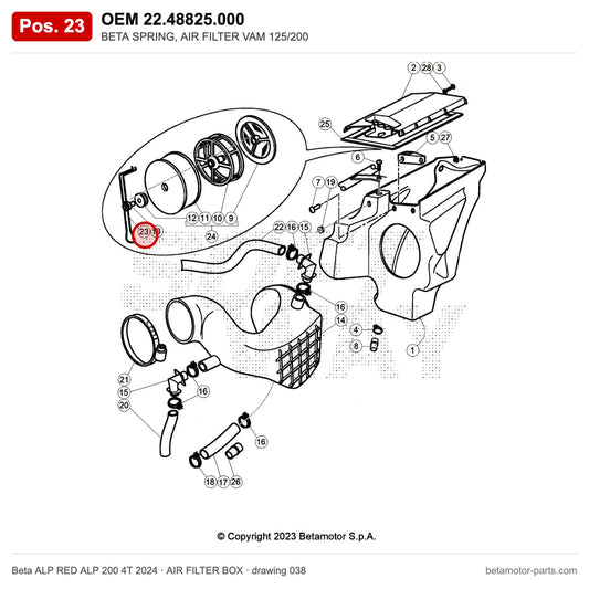 BETA SPRING, AIR FILTER VAM 125/200 – OEM 22.48825.000, position 23 on the Beta ALP RED ALP 200 4T 2024 air filter box drawing