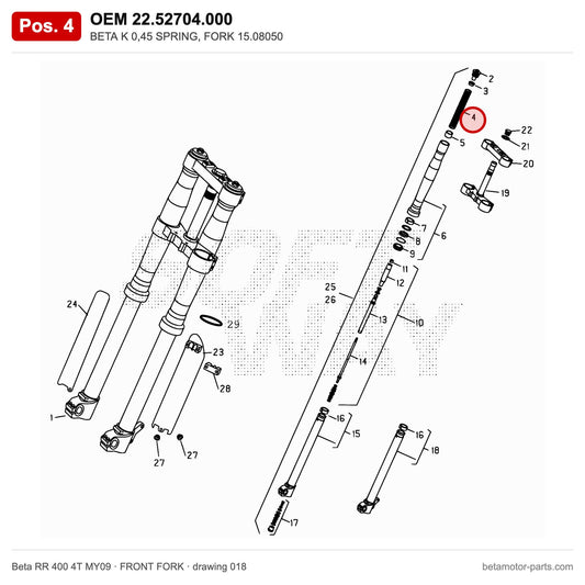 BETA K 0,45 SPRING, FORK 15.08050 – OEM 22.52704.000, position 4 on the Beta RR 400 4T MY09 front fork drawing