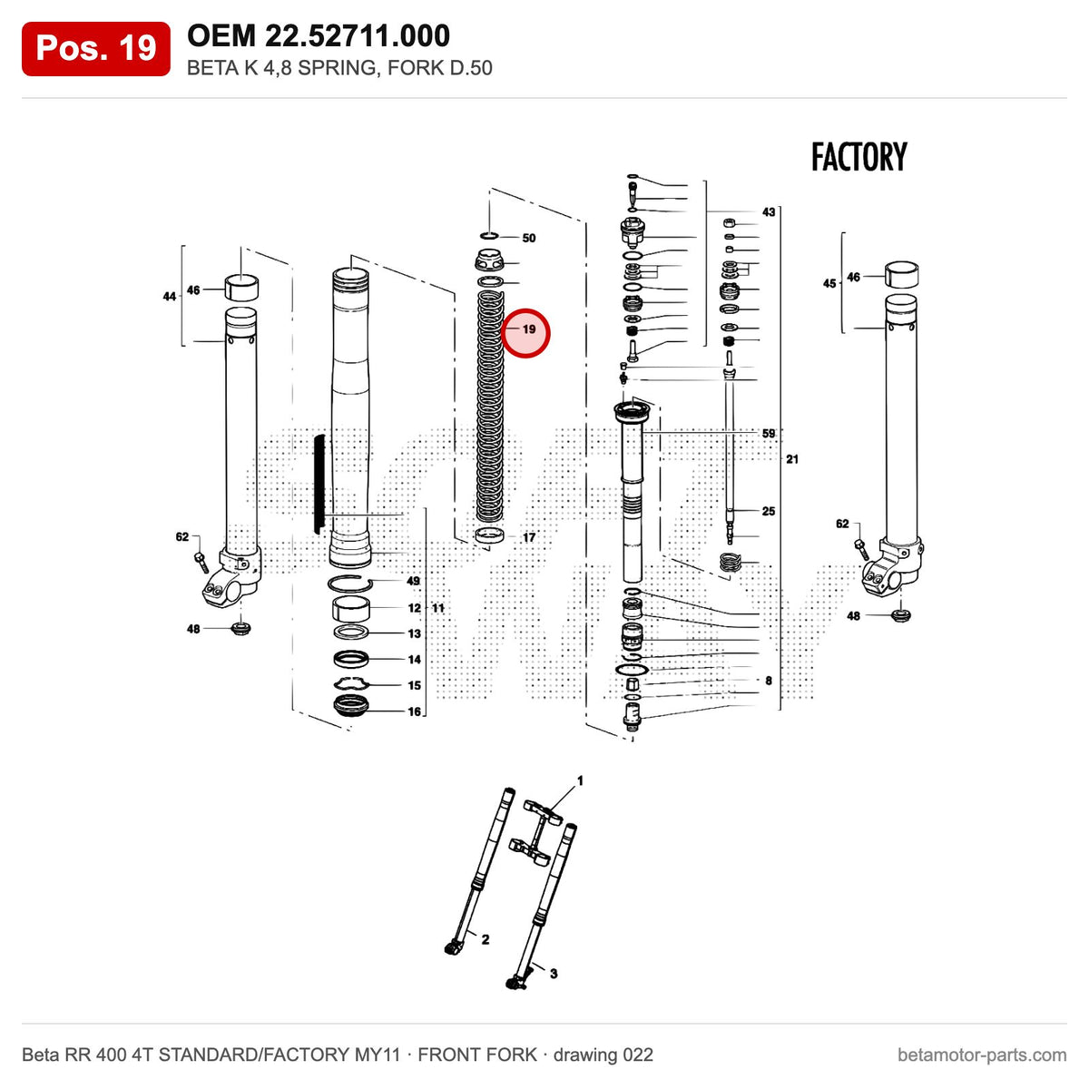 BETA K 4,8 SPRING, FORK D.50 – OEM 22.52711.000, position 19 on the Beta RR 400 4T STANDARD/FACTORY MY11 front fork drawing