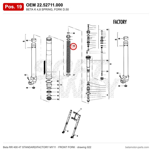 BETA K 4,8 SPRING, FORK D.50 – OEM 22.52711.000, position 19 on the Beta RR 400 4T STANDARD/FACTORY MY11 front fork drawing