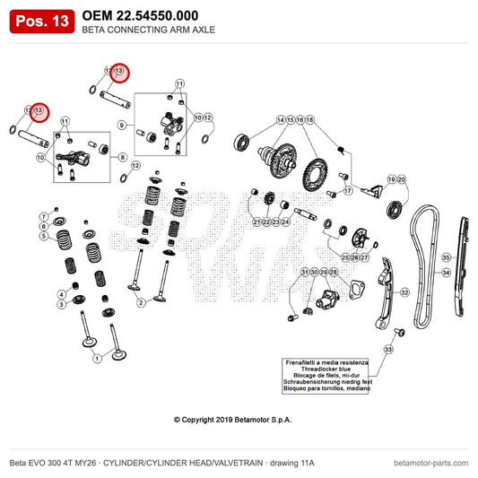 BETA CONNECTING ARM AXLE – OEM 22.54550.000, position 13 on the Beta EVO 300 4T MY26 cylinder/cylinder head/valvetrain drawing