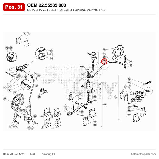 BETA BRAKE TUBE PROTECTOR SPRING ALP/MOT 4.0 – OEM 22.55535.000, position 31 on the Beta M4 350 MY16 brakes drawing