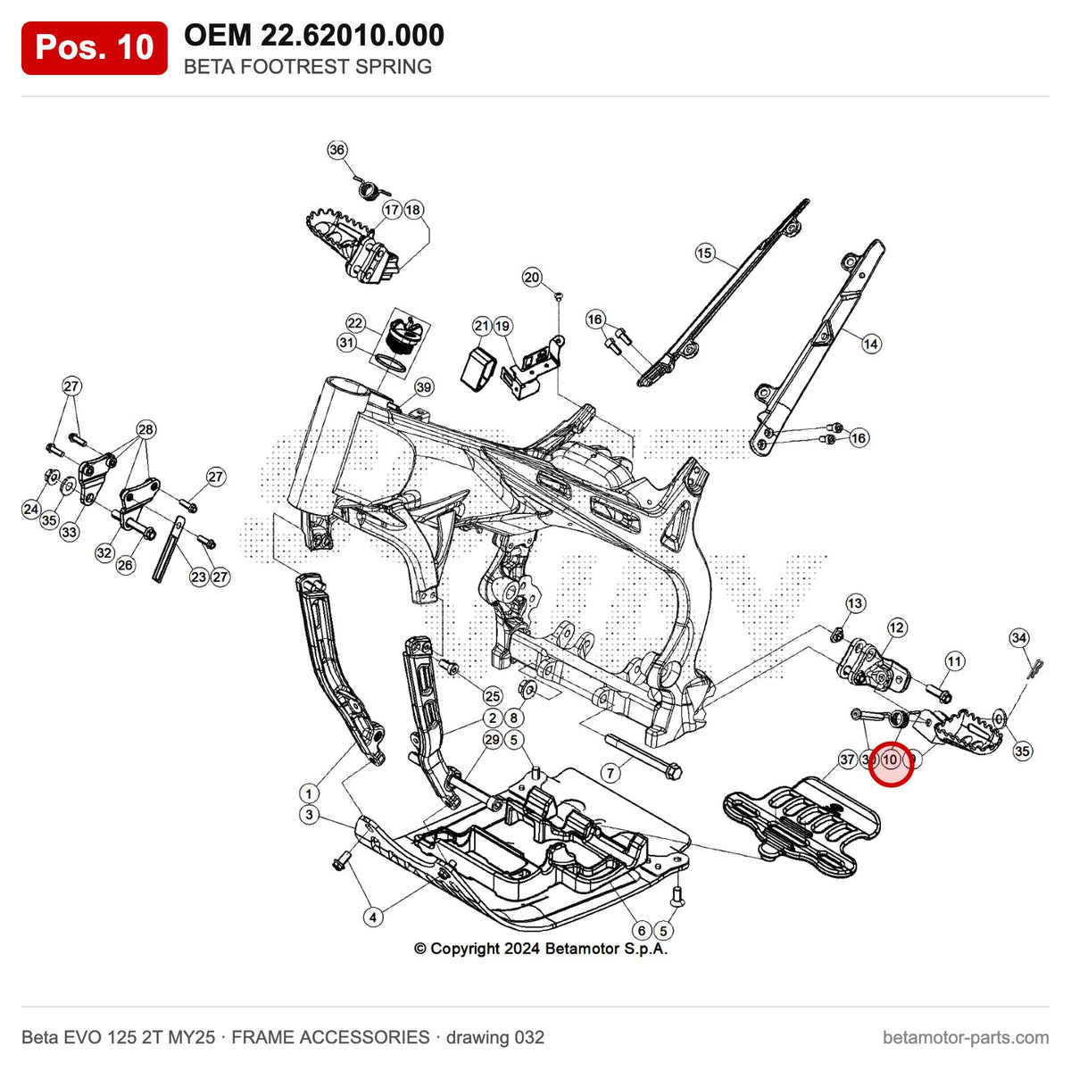 BETA FOOTREST SPRING – OEM 22.62010.000, position 10 on the Beta EVO 125 2T MY25 frame accessories drawing