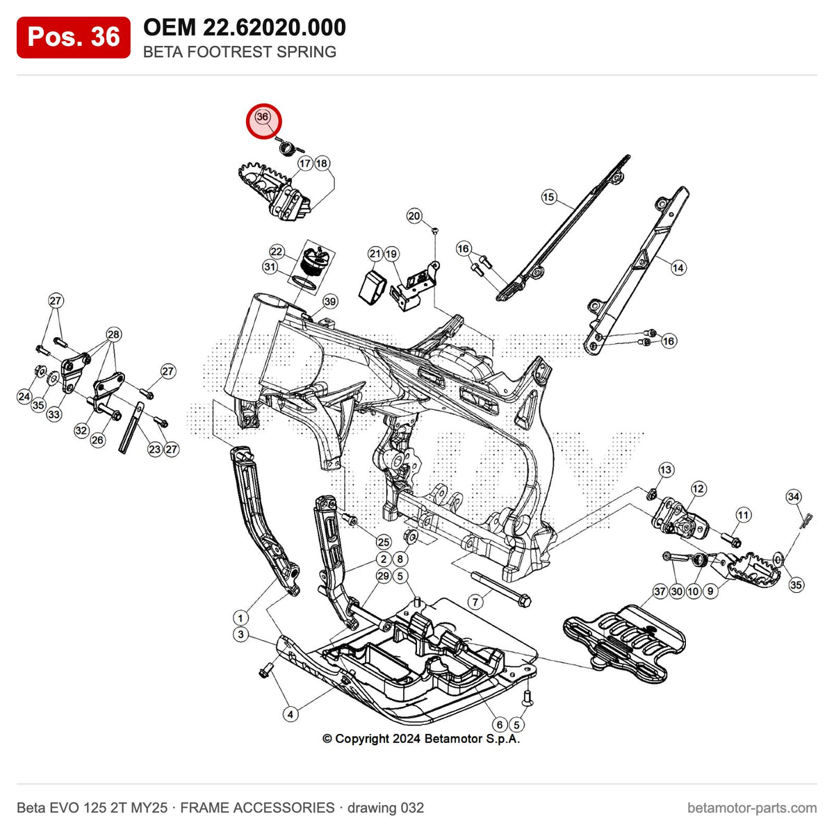 BETA FOOTREST SPRING – OEM 22.62020.000, position 36 on the Beta EVO 125 2T MY25 frame accessories drawing