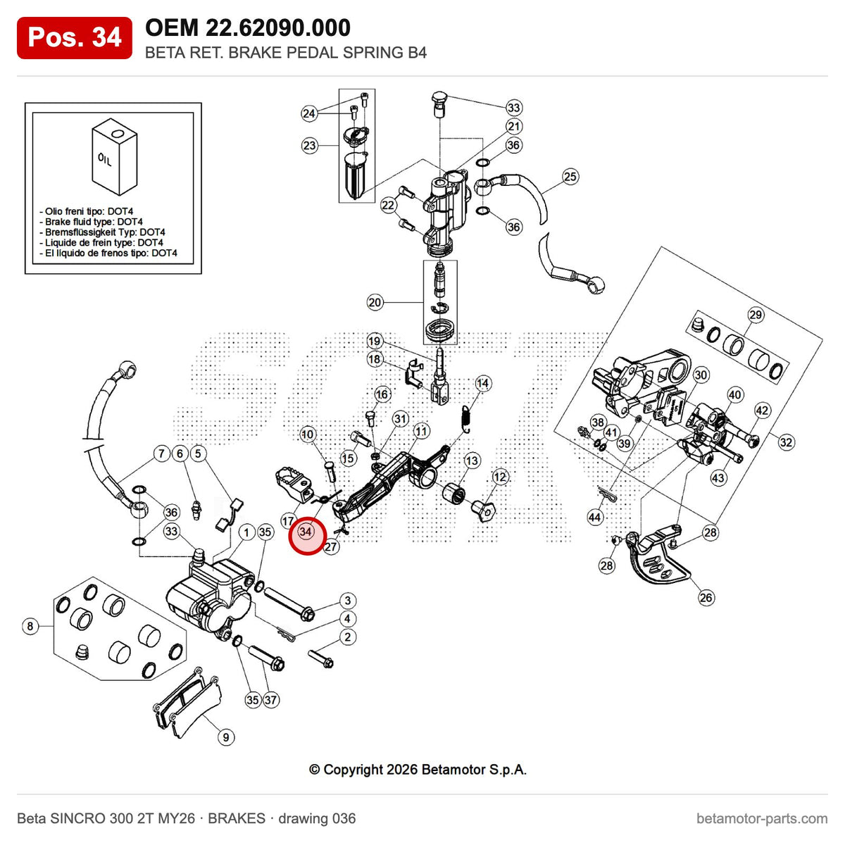 BETA RET. BRAKE PEDAL SPRING B4 – OEM 22.62090.000, position 34 on the Beta SINCRO 300 2T MY26 brakes drawing
