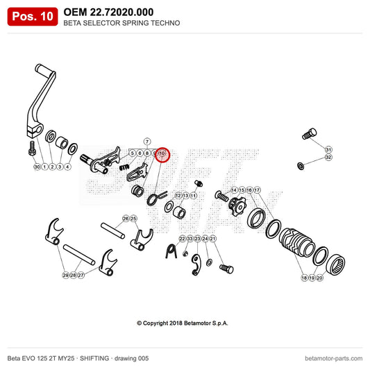 BETA SELECTOR SPRING TECHNO – OEM 22.72020.000, position 10 on the Beta EVO 125 2T MY25 shifting drawing