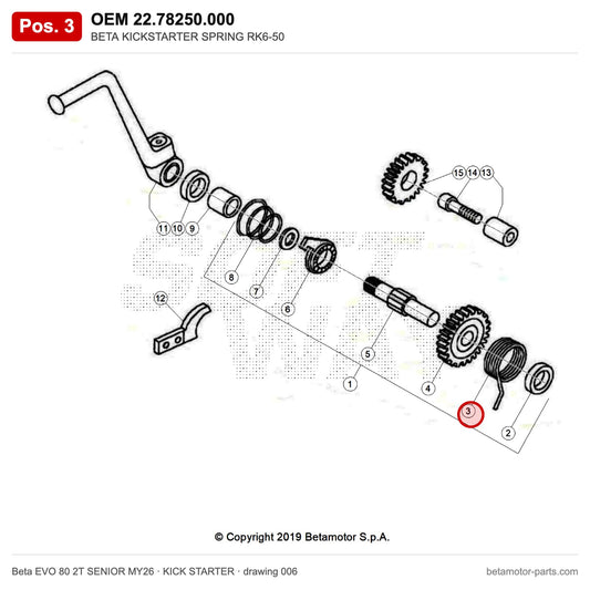 BETA KICKSTARTER SPRING RK6-50 – OEM 22.78250.000, position 3 on the Beta EVO 80 2T SENIOR MY26 kick starter drawing