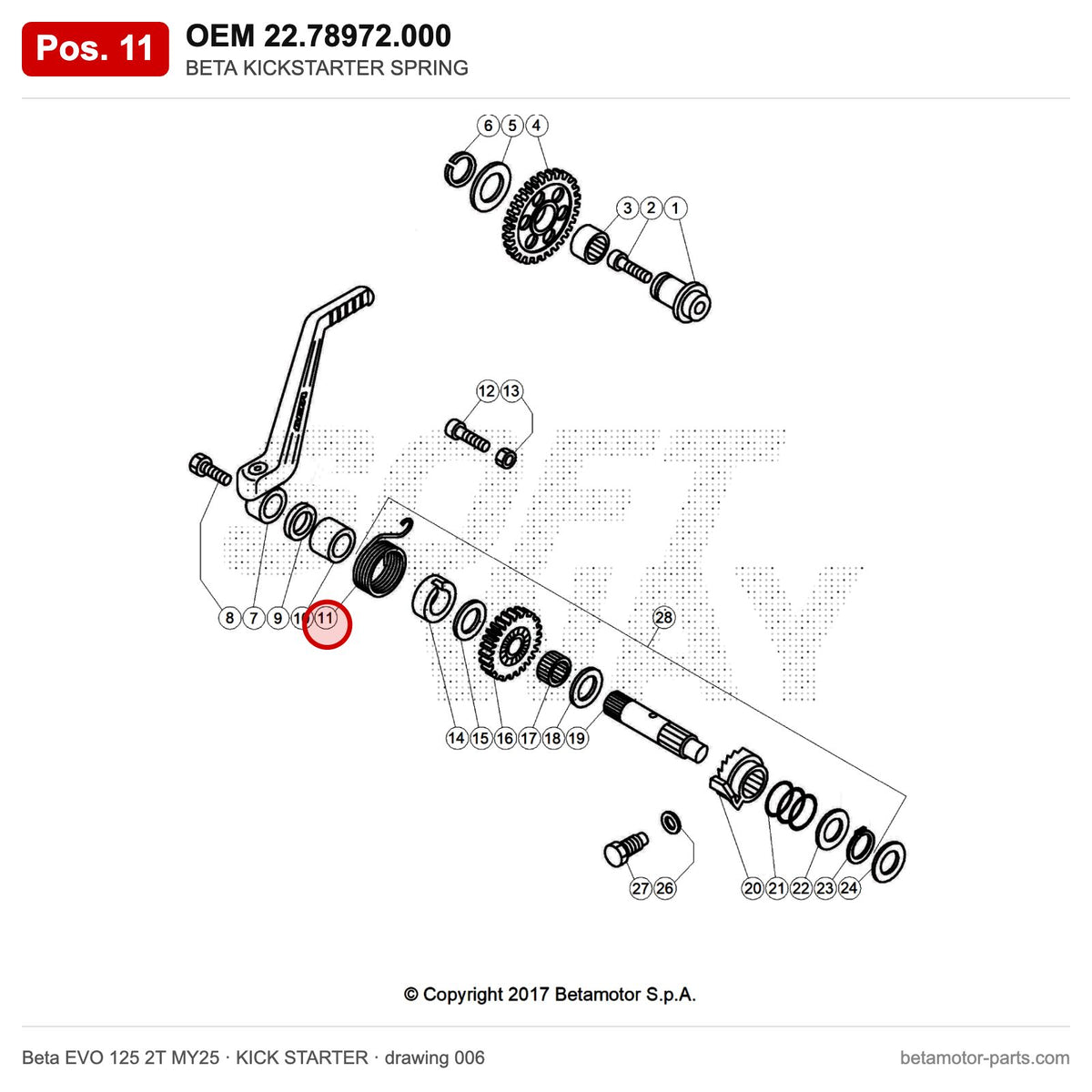 BETA KICKSTARTER SPRING – OEM 22.78972.000, position 11 on the Beta EVO 125 2T MY25 kick starter drawing