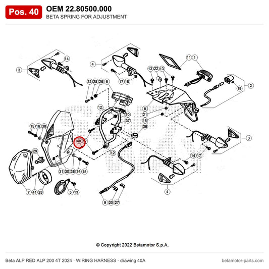 BETA SPRING FOR ADJUSTMENT – OEM 22.80500.000, position 40 on the Beta ALP RED ALP 200 4T 2024 wiring harness drawing