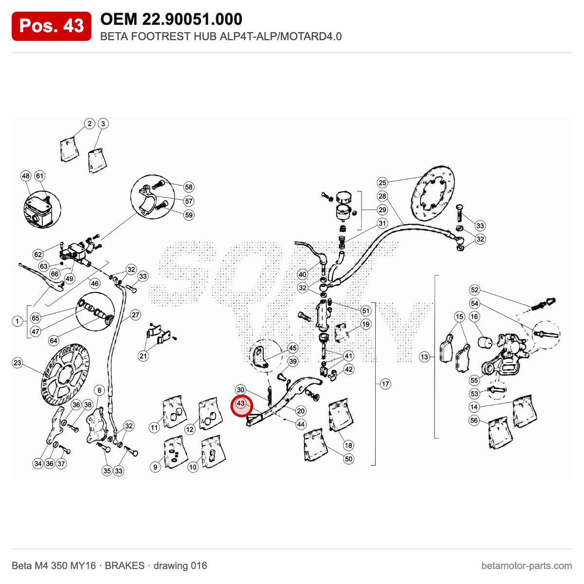 BETA FOOTREST HUB ALP4T-ALP/MOTARD4.0 – OEM 22.90051.000, position 43 on the Beta M4 350 MY16 brakes drawing