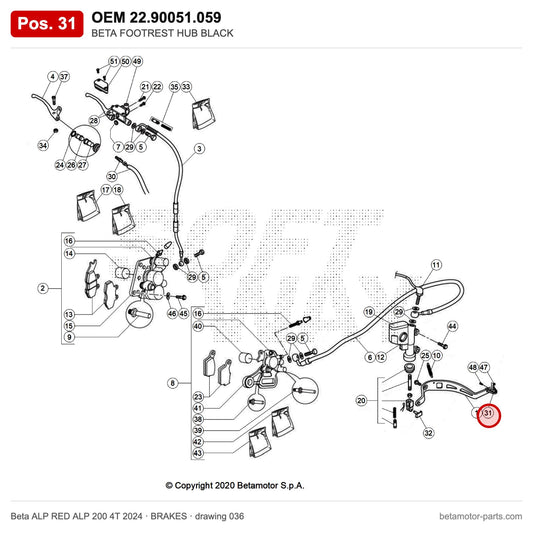 BETA FOOTREST HUB BLACK – OEM 22.90051.059, position 31 on the Beta ALP RED ALP 200 4T 2024 brakes drawing