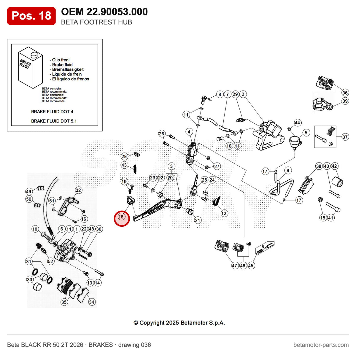 BETA STEP PLATE FOOT BRAKE LEVER – OEM 22.90053.000, position 18 on the Beta BLACK RR 50 2T 2026 brakes drawing