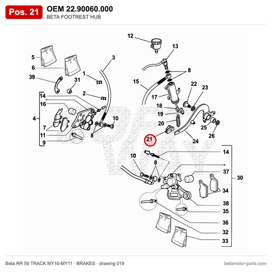 BETA FOOTREST HUB – OEM 22.90060.000, position 21 on the Beta RR 50 TRACK MY10-MY11 brakes drawing