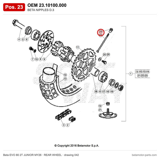 BETA NIPPLES D.3 – OEM 23.10100.000, position 23 on the Beta EVO 80 2T JUNIOR MY26 rear wheel drawing