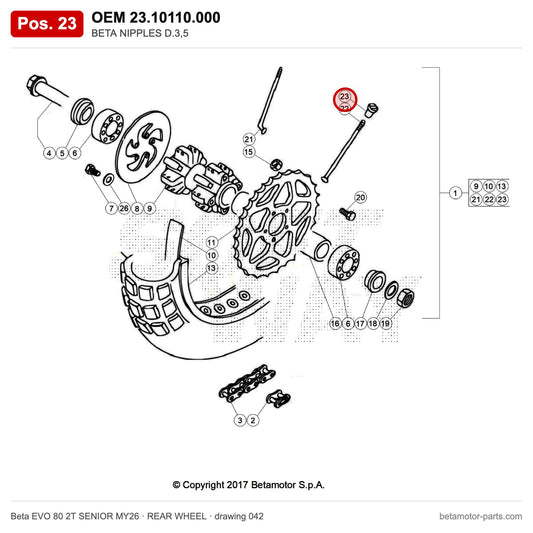 BETA NIPPLES D.3,5 – OEM 23.10110.000, position 23 on the Beta EVO 80 2T SENIOR MY26 rear wheel drawing