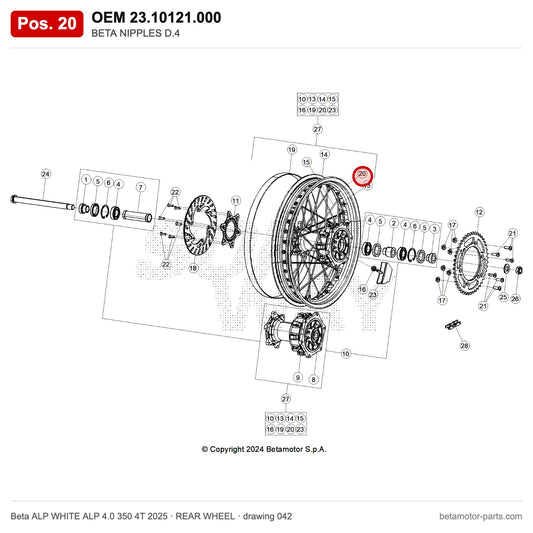 BETA NIPPLES D.4 – OEM 23.10121.000, position 20 on the Beta ALP WHITE ALP 4.0 350 4T 2025 rear wheel drawing