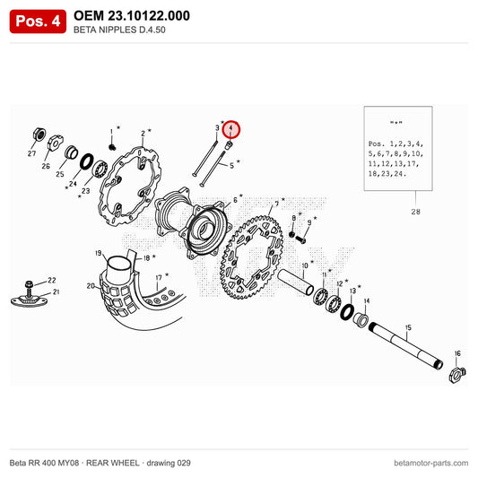 BETA NIPPLES D.4.50 – OEM 23.10122.000, position 4 on the Beta RR 400 MY08 rear wheel drawing